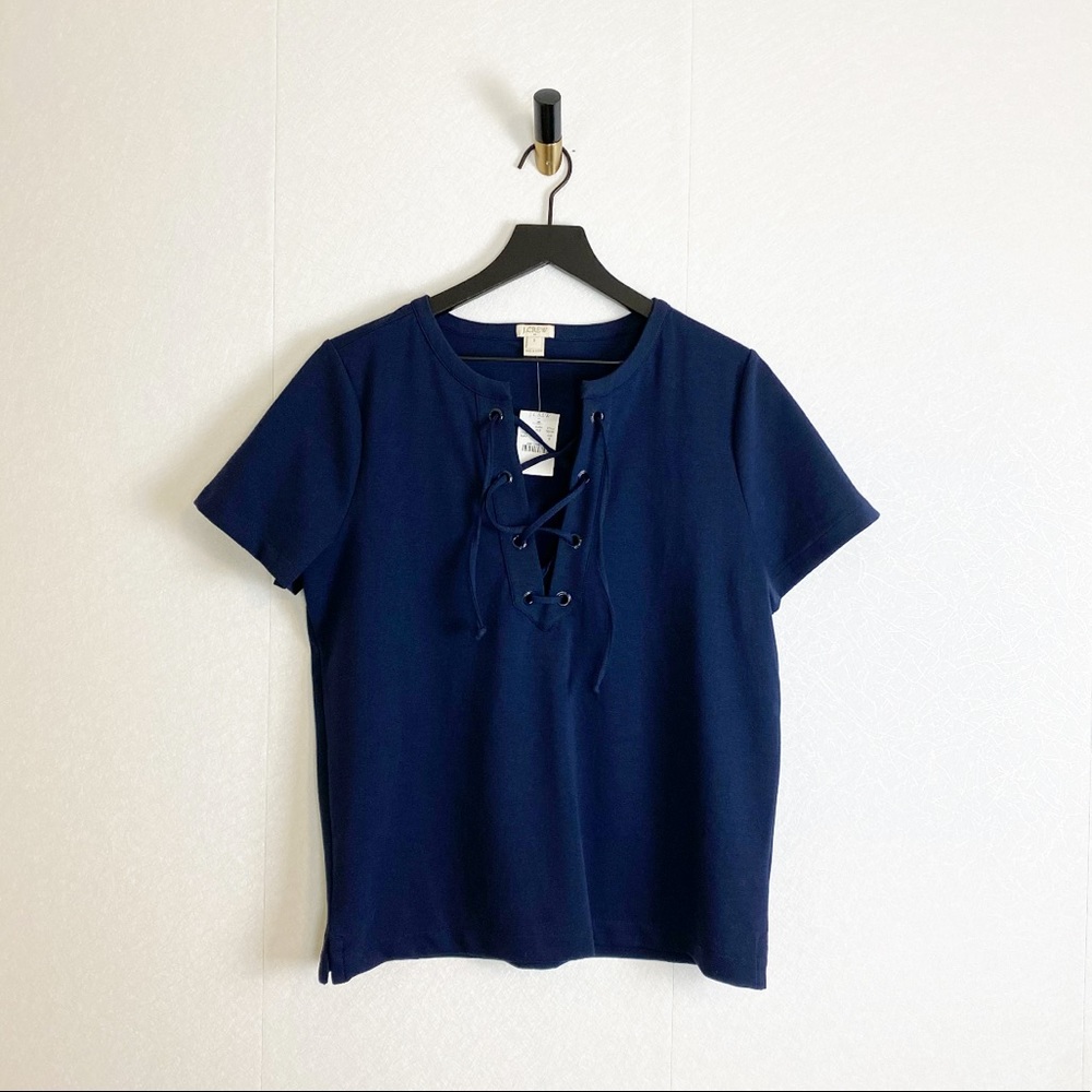 J. Crew Navy Lace Up Top Short Sleeve Cotton Structured Boxy Fit NWT Factory
